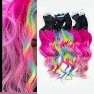 Pastel Prism Rainbow Clip In Hair Extensions, Pink Ombre Hair,  Tie Dye Tips,  Hair Wefts, Human Hair Extensions, tape in rainbow hair