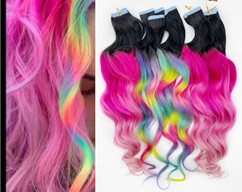 Pastel Prism Rainbow Clip In Hair Extensions, Pink Ombre Hair,  Tie Dye Tips,  Hair Wefts, Human Hair Extensions, tape in rainbow hair