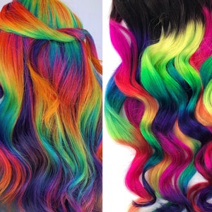 Neon Prism rainbow  Clip In Hair Extensions, Ombre Hair,  Tie Dye Tips,  Hair Wefts, Human Hair Extensions, Hippie hair