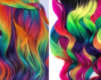 Neon Prism rainbow  Clip In Hair Extensions, Ombre Hair,  Tie Dye Tips,  Hair Wefts, Human Hair Extensions, Hippie hair