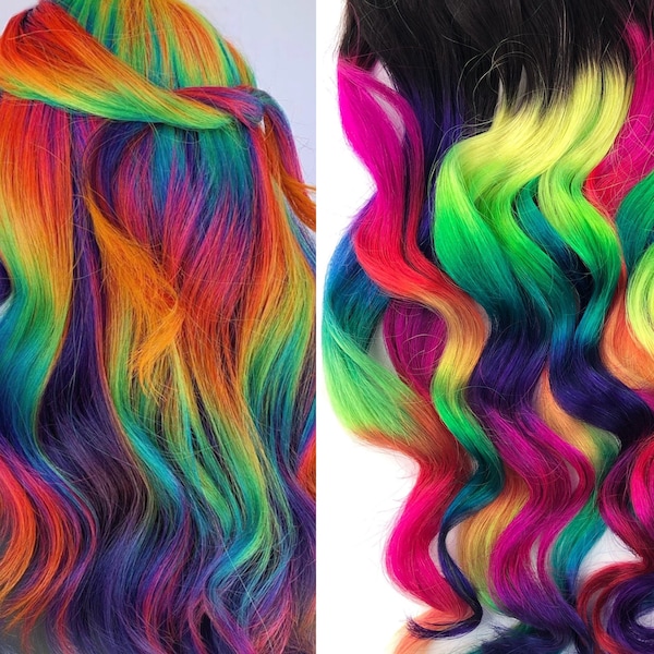 Neon Prism rainbow  Clip In Hair Extensions, Ombre Hair,  Tie Dye Tips,  Hair Wefts, Human Hair Extensions, Hippie hair