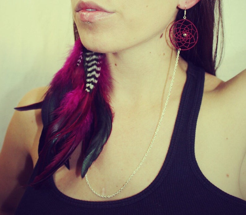 Fuchsia Dream Catcher Feather Earlace, silver chain, earring, necklace, long feather earring, chain earring, hippie, pink, Valentine's Day image 4