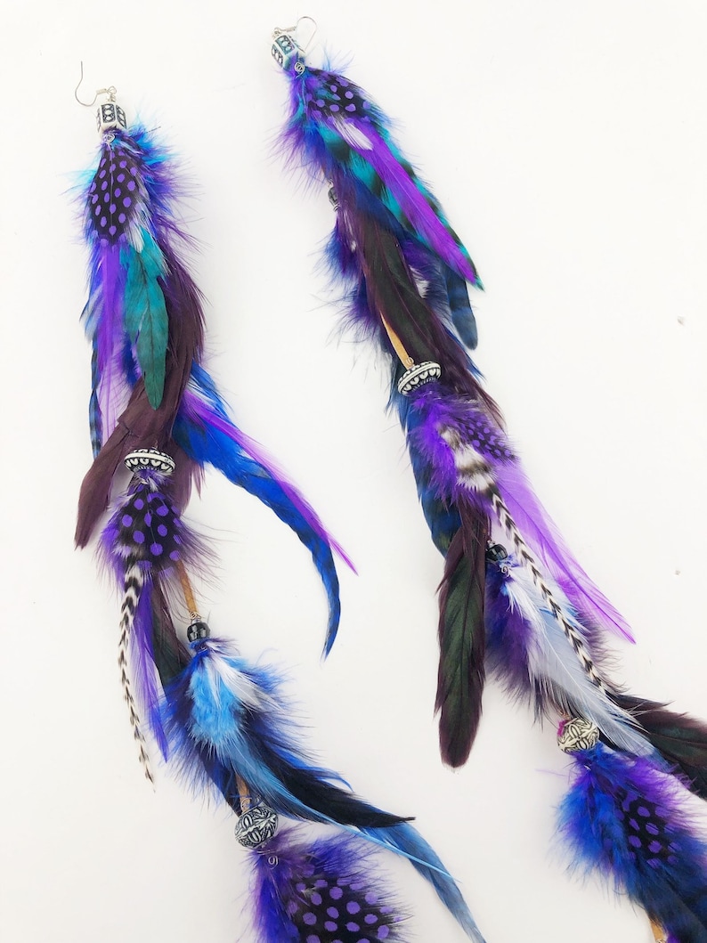 Long Leather Tribal Feather Earrings, 17-19 inches, Beaded Suede Leather Aztec Feather Earrings-Feather Symbolism image 3