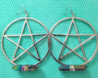 Mammoth Pentagram Hoops, Large Pentagram Hoop Earrings, Druzy Crystal Earrings, Pentacle Earrings, Titanuim Quartz Crystal, Druzy, Wiccan