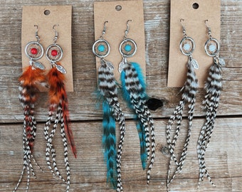 Small feather dreamcatcher earring set, 5-7 inch grizzly feather earrings, ready to ship, bridesmaids gift, lightweight earrings, bohemian
