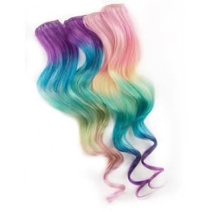 パステルレインボーオンブレクリップインヘアエクステンション、ピンクヘア、ヘアウィーブ、ワイドトラック、オンブレヘアエクステンション、テープインヘア、プリズムヘア