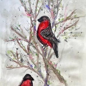 May include: Watercolor painting of two birds with red chests and black wings perched on tree branches. The artwork features a soft, muted color palette with splashes of green and pink, creating a naturalistic scene.
