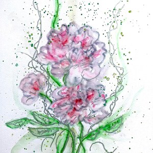 May include: Watercolor painting of pink and white flowers with green leaves and stems. The artwork includes green and gray accents, with a signature and date in the lower right corner. The painting is on white paper.