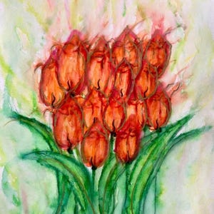 May include: Watercolor painting of a cluster of orange tulips with green leaves. The artwork features a soft, blended background of light green and pink hues, creating a vibrant and naturalistic floral composition.