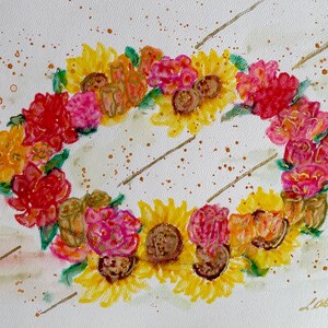 May include: Watercolor painting of a floral wreath with sunflowers, red and pink roses, and other flowers. The wreath is on a white background with brown splatters and lines. Signed "L. Behrens" and dated "2024".