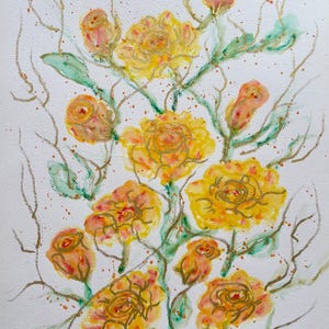 May include: Watercolor painting of yellow and orange roses with green leaves and brown stems. The artwork includes the artist's signature and the year 2024. The painting has a white background with brown speckles.