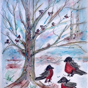 May include: Watercolor painting of a tree with bare branches and several birds perched on them. The birds have red breasts and black wings. The painting has a winter theme with a snowy ground and a blue and pink sky. Signed "Linda 01-24".