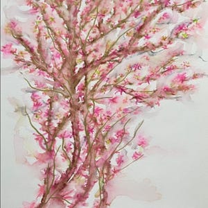 May include: Watercolor painting of a tree with pink blossoms. The artwork features a brown trunk and branches with delicate pink flowers. The background is a soft, light wash of pink and white, creating a dreamy effect. Signed "Linda" with a date.