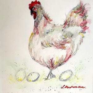May include: Watercolor painting of a hen with a red comb and white feathers, standing near three eggs. The artwork features soft colors and brushstrokes, with a signature in the bottom right corner. The background is a light, speckled wash.