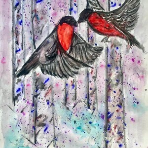 May include: Watercolor painting of two birds with red chests and black wings, set against a backdrop of birch trees. The artwork features a soft color palette with splashes of pink, purple, and blue.