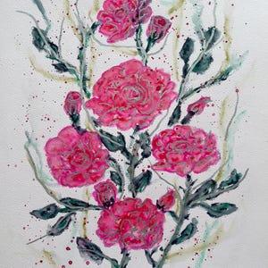 May include: Watercolor painting of pink roses with silver accents and green leaves. The artwork features several open blooms and buds, with a light background and splattered paint effect. Signed by the artist.
