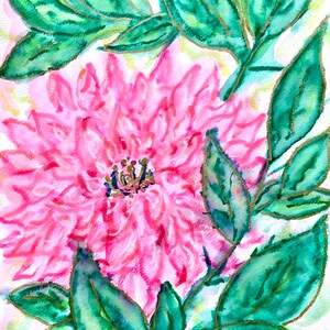 May include: Watercolor painting of a pink dahlia flower with green leaves and gold accents. The flower is the focal point, surrounded by detailed green leaves with gold outlines. The artwork is signed in the bottom right corner.