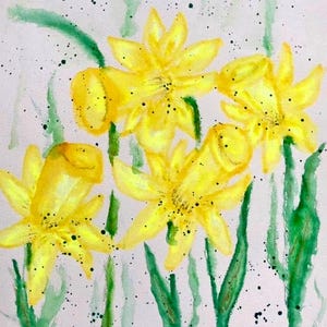 Può includere: Dipinto ad acquerello di narcisi gialli con steli e foglie verdi su sfondo bianco. Macchie nere sparse intorno ai fiori. Il dipinto è firmato in basso a destra.