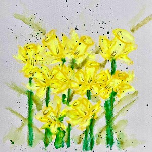 May include: Watercolor painting of yellow daffodils with green stems and leaves. The flowers are clustered together, with some in full bloom. Black paint splatters and green brushstrokes add detail. Signed "L. Abrahamsson 2024".