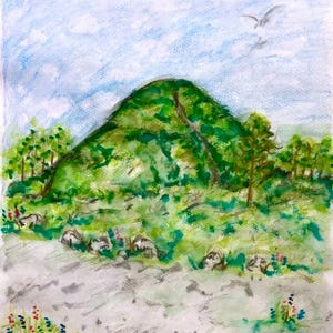 Può includere: Dipinto ad acquerello di una collina verde con alberi e un cielo azzurro. Il primo piano presenta un sentiero e fiori selvatici colorati. Due uccelli volano nel cielo. L'opera è realizzata in uno stile sciolto e impressionistico.