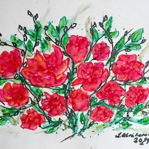 May include: Watercolor painting of a bouquet of red flowers with green leaves and black stems. The artwork is signed and dated 2024. The flowers are the focal point, with a loose, expressive style.