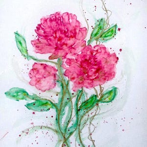 May include: Watercolor painting of three vibrant pink peonies with green leaves and gold stems. The artwork features a soft, white background with subtle watercolor washes and small red speckles. Signed "L. Abrahamsson 2024".
