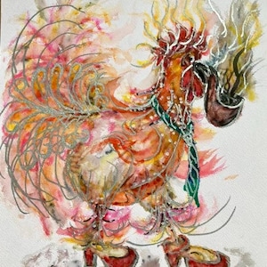 May include: Watercolor painting of a rooster with a pipe, wearing red high heels and a green scarf. The rooster has a vibrant orange, yellow, and pink plumage with silver accents. The artwork is signed by the artist.