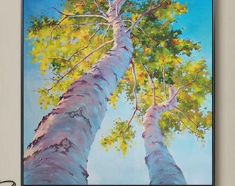 Tree Painting Abstract Wall Art: Green Birch Trees Painting Forest Landscape Artwork for Living Room