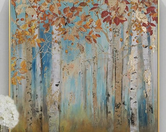 Abstract Landscape Canvas Artwork Painting: Yellow Birch Trees Painting Gold Foil Wall Art Painting on Canvas for Bedroom