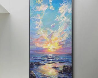 Sea Spray and Sunrise Wall Art, Ocean Oil Painting On Canvas, Seascape Pictures for Home Decor