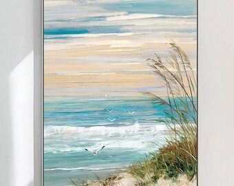 Abstract Beach Canvas Wall Art: Seashore Grasses Artwork Painting Seascape Painting for Walls