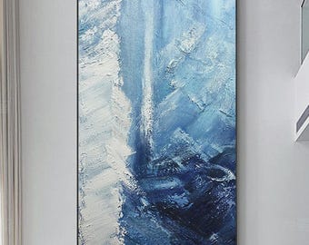 Blue Abstract Painting on Canvas, Large Abstract Painting, Original Acrylic Painting, 24x48inches