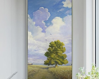 Landscape Oil Painting Original Art Sky and Tree Painting for Living Room Wall Canvas Painting (20''x40'')