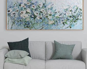 Original White Abstract Floral Painting, Impasto Oil Painting on Canvas, Large Flower Canvas Wall Art