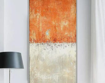 Gran pintura acrílica abstracta sobre lienzo, lienzo minimalista para pared, arte abstracto original en naranja y blanco.