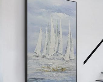 Original Sailboat Oil Painting, Abstract Painting of Sailboat, Nautical Oil Painting Art on Canvas, Canvas Wall Painting