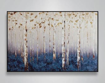 Abstract Birch Canvas Wall Art, Original Aspen Oil Painting on Canvas, Extra Large Textured Tree Artwork for Room