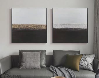 Black and White Abstract Painting, Large Abstract Painting, Large Canvas Art, Handmade Large Wall Art, Living Room Decor, Set of 2