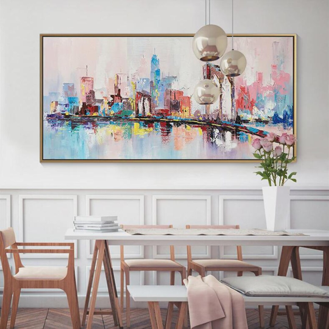 Large City Skyline Wall Art, New York City, Abstract Cityscape Oil ...