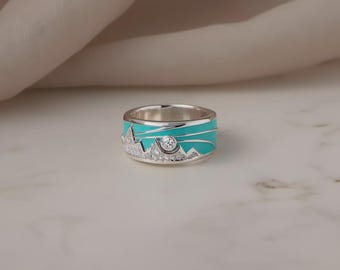 Emaille Berg Ring mit Zirkonia, Natur inspirierte Silberband