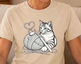 Cat Lover Shirt, Cat Yarn Graphic Tee, Gift for Cat Mom, Knitting Lover Gift, Cute Cat Shirt, Cat Lover Gift
