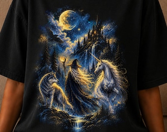 Wolf and Unicorn Shirt, Mystical Fantasy Castle, Medieval Dark Cottagecore Tee