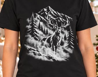 Christmas Deer Shirt with Snowy Forest and Mountain Scene