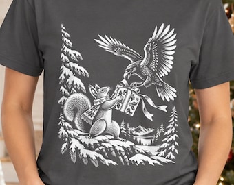Squirrel and Crow Shirt, Christmas Woodland Mischief
