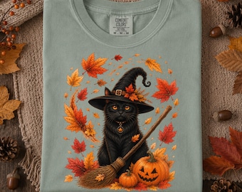 Black Cat Shirt with Witch Hat, Vintage Halloween Pumpkin Tee, Fall Aesthetic, Comfort Colors