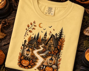 Vintage Halloween Forest Village Shirt, Botanical Art for Nature Lovers, Cottagecore Clothing