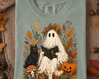Autumn Ghost Reading Book Shirt, Black Cat, Botanical Art, Cottagecore Halloween, Book Lover Gift