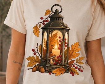 Autumn Shirt, Oak Leaves Lantern Tee, Cottagecore Nature Gift, Woodland Botanical Graphic