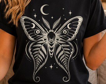 Luna Moth, Whimsy Goth Tee, Botanical Art Shirt in Dark Romance Goth Style
