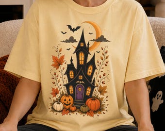 Vintage Halloween Shirt, Haunted House Shirt with Witch Cottage, Crescent Moon and Maple Leaves, Comfort Colors